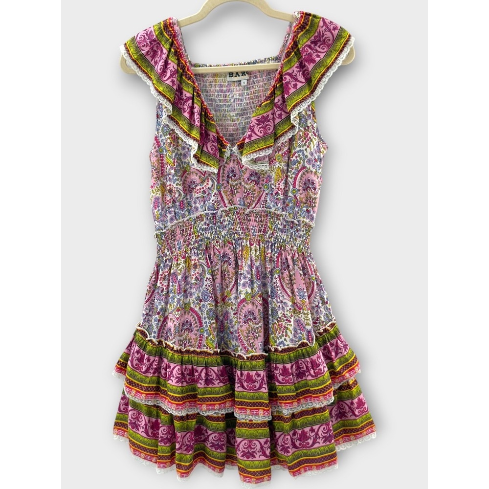 Anthropologie Barok‎ Paris Dress S Pink Paisley Boho Peasant Smocked Ruffle Min